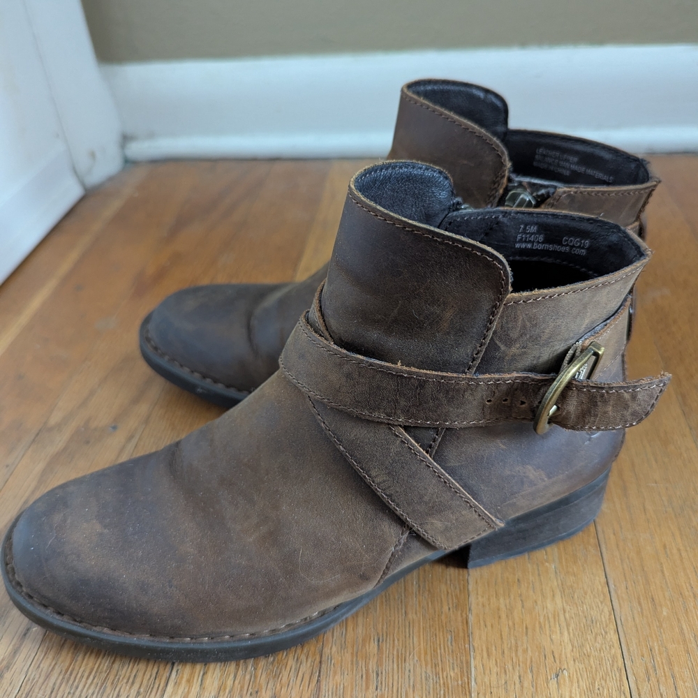 Born Brown Leather Ankle Strap Heeled Boots